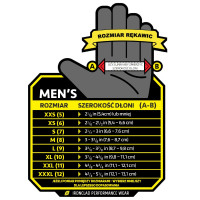 Rękawice Ironclad COMMAND™ A9 PU IMPACT przedstawiona tabela rozmiarów