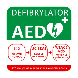 Tablica informacyjna AED – schemat postępowania 30 x 30 cm